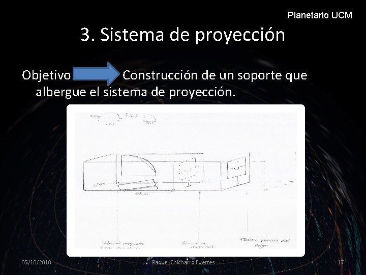 Planetario UCM 3. Sistema de proyección Objetivo Construcción de un soporte que albergue el