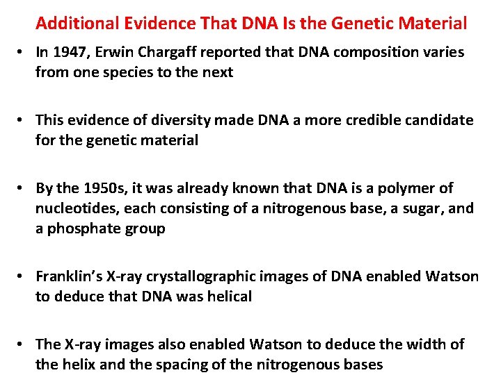 Additional Evidence That DNA Is the Genetic Material • In 1947, Erwin Chargaff reported