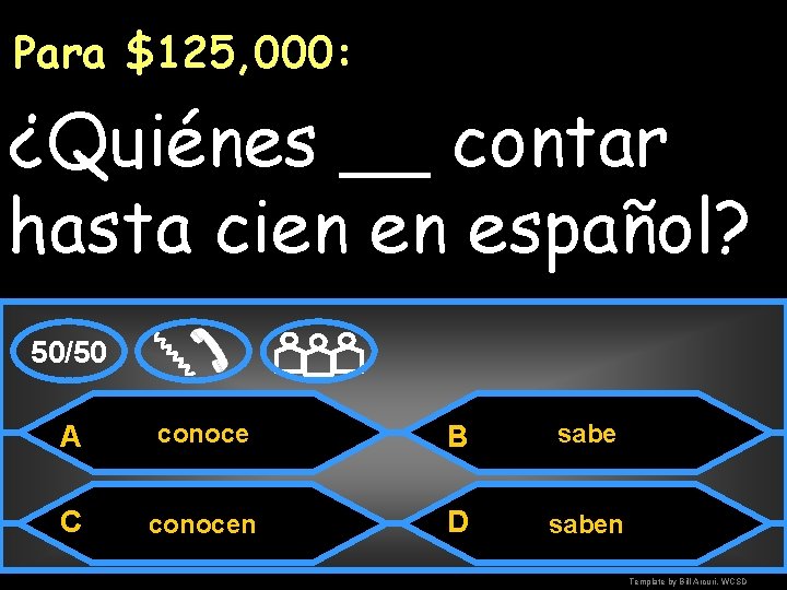 Para $125, 000: ¿Quiénes __ contar hasta cien en español? 50/50 A conoce B