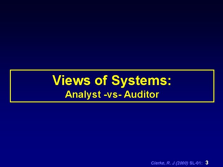 Views of Systems: Analyst -vs- Auditor Clarke, R. J (2000) SL-01: 3 