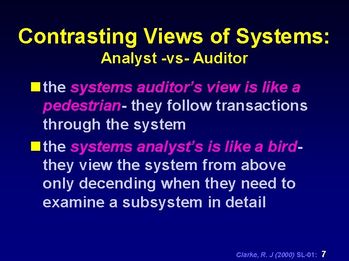 Contrasting Views of Systems: Analyst -vs- Auditor n the systems auditor’s view is like