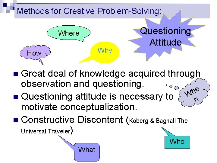 Methods for Creative Problem-Solving: Where Why How Questioning Attitude Great deal of knowledge acquired