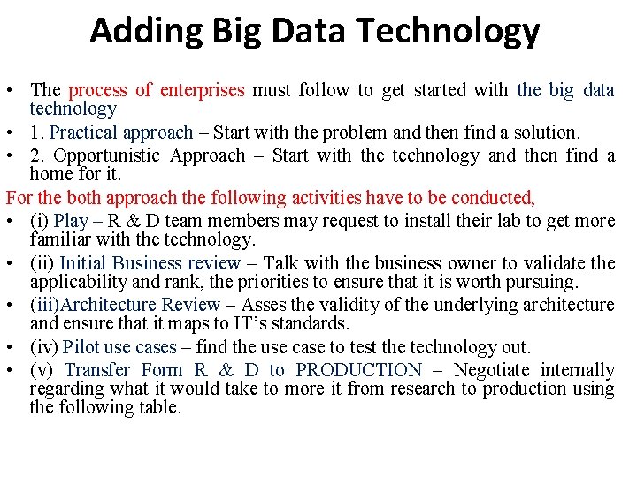 Adding Big Data Technology • The process of enterprises must follow to get started
