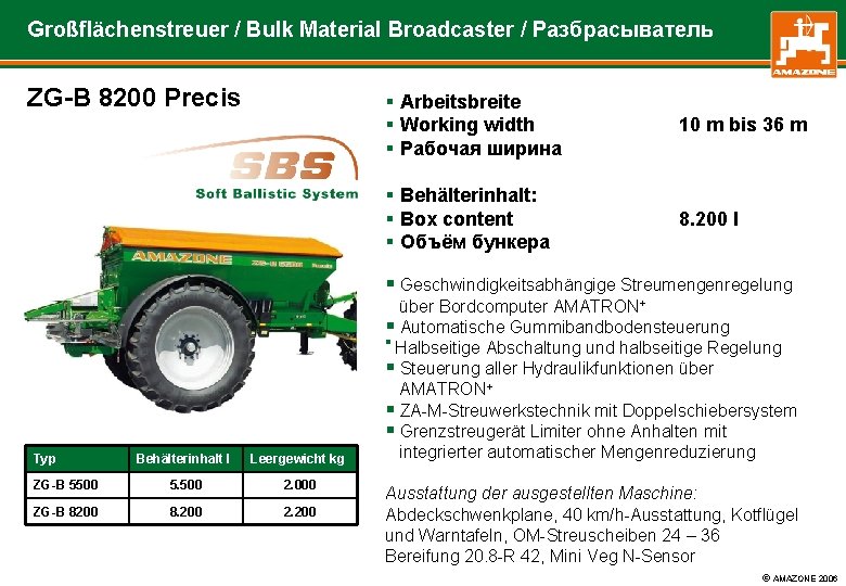 Großflächenstreuer / Bulk Material Broadcaster / Разбрасыватель ZG-B 8200 Precis § Arbeitsbreite § Working