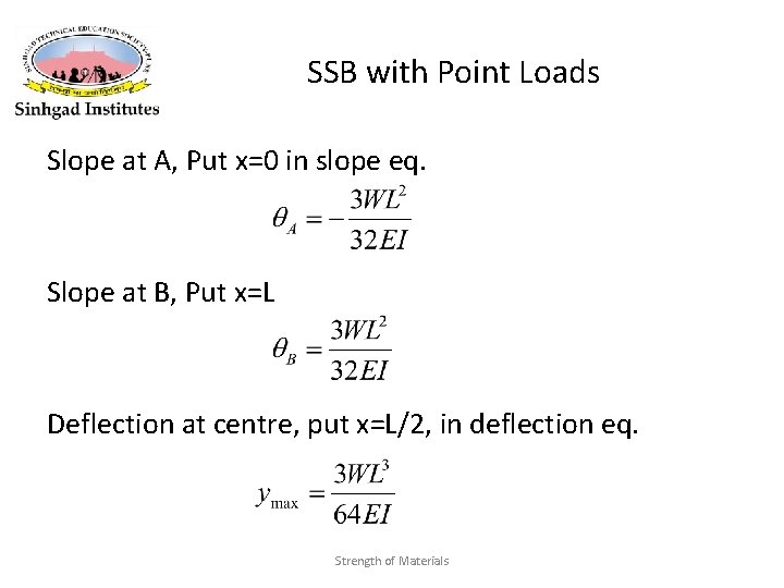 SSB with Point Loads Slope at A, Put x=0 in slope eq. Slope at SSB with Point Loads Slope at A, Put x=0 in slope eq. Slope at