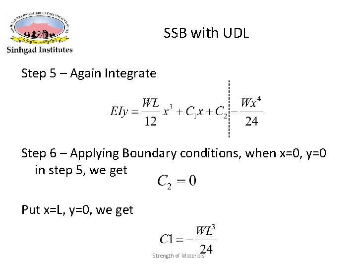 SSB with UDL Step 5 – Again Integrate Step 6 – Applying Boundary conditions, SSB with UDL Step 5 – Again Integrate Step 6 – Applying Boundary conditions,