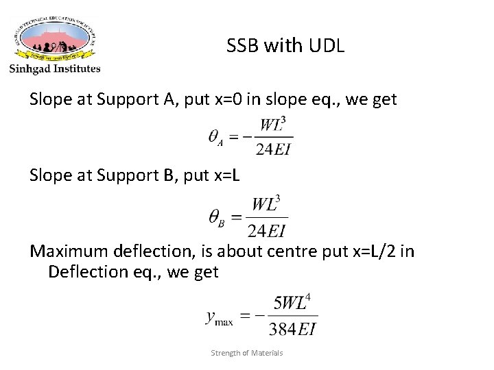 SSB with UDL Slope at Support A, put x=0 in slope eq. , we SSB with UDL Slope at Support A, put x=0 in slope eq. , we