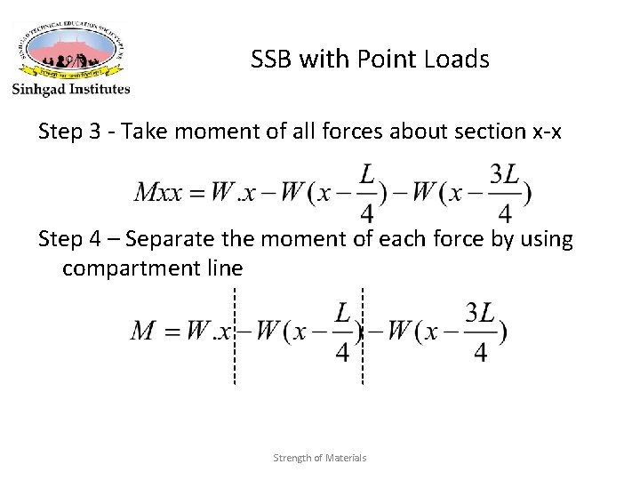 SSB with Point Loads Step 3 - Take moment of all forces about section SSB with Point Loads Step 3 - Take moment of all forces about section