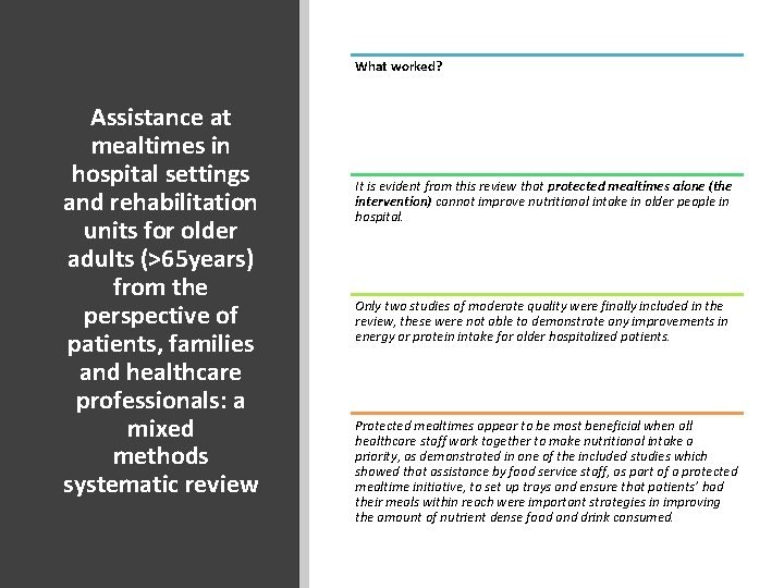 What worked? Assistance at mealtimes in hospital settings and rehabilitation units for older adults