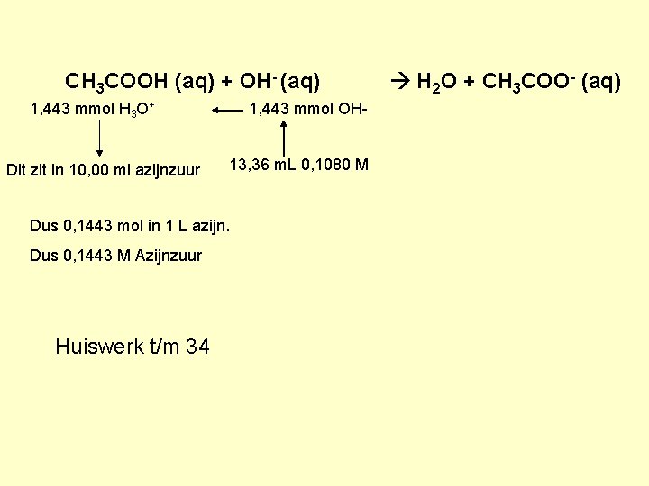 CH 3 COOH (aq) + OH- (aq) 1, 443 mmol H 3 O+ Dit