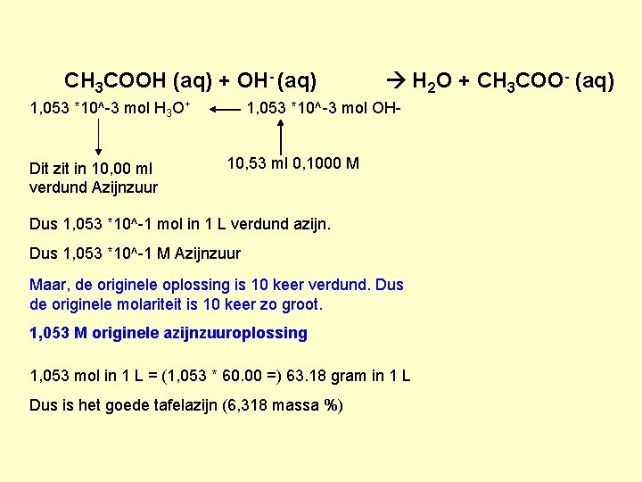 CH 3 COOH (aq) + OH- (aq) 1, 053 *10^-3 mol H 3 O+