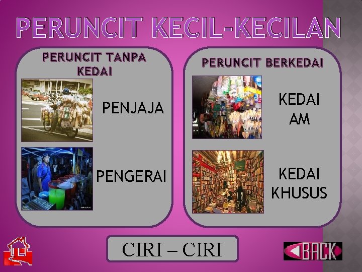 PERUNCIT KECIL-KECILAN PERUNCIT TANPA KEDAI PERUNCIT BERKEDAI PENJAJA KEDAI AM PENGERAI KEDAI KHUSUS CIRI