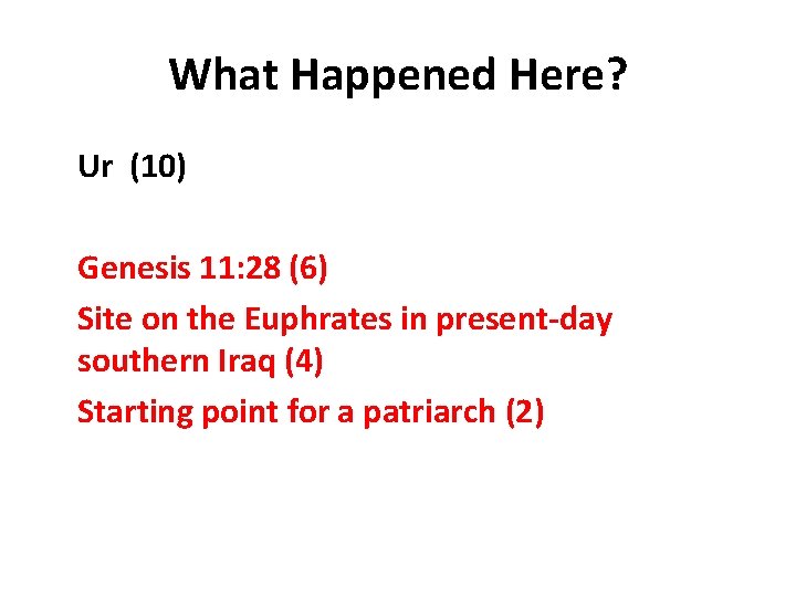 What Happened Here? Ur (10) Genesis 11: 28 (6) Site on the Euphrates in