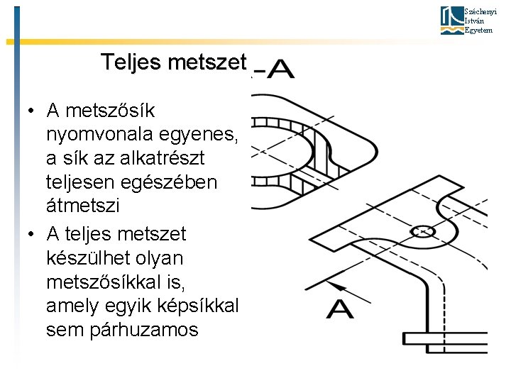 Széchenyi István Egyetem Teljes metszet • A metszősík nyomvonala egyenes, a sík az alkatrészt