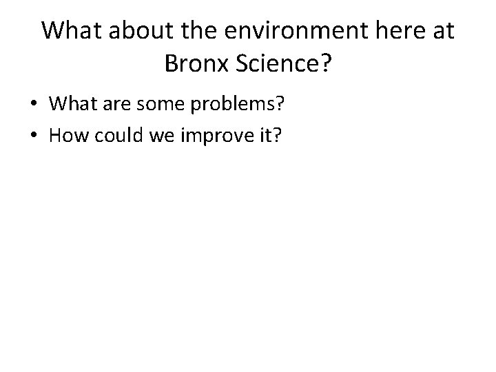 What about the environment here at Bronx Science? • What are some problems? •