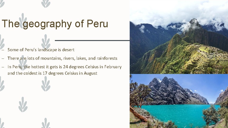 The geography of Peru – Some of Peru’s landscape is desert – There are