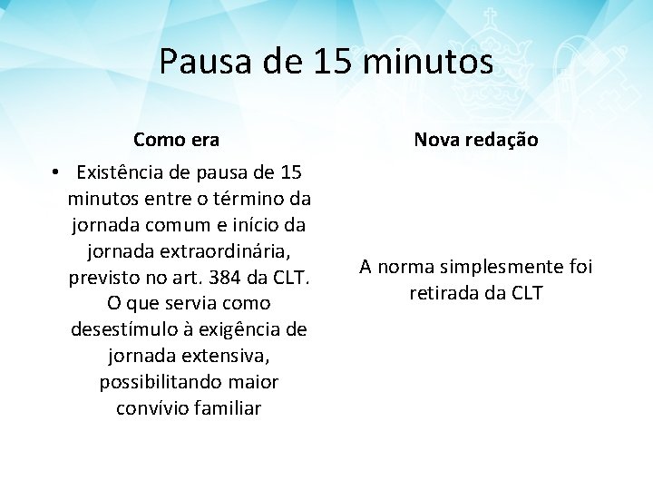 Pausa de 15 minutos Como era Nova redação • Existência de pausa de 15