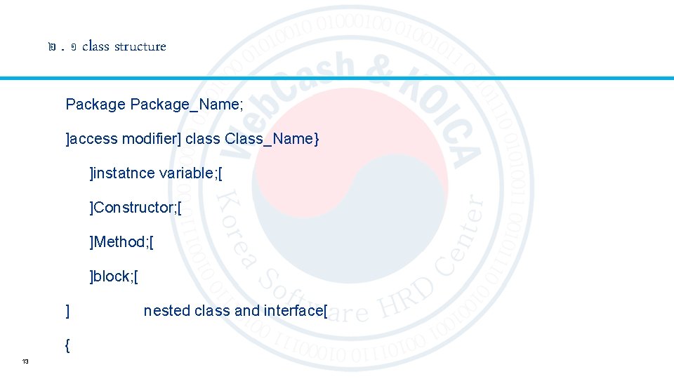 ២. ១ class structure Package_Name; ]access modifier] class Class_Name} ]instatnce variable; [ ]Constructor; [