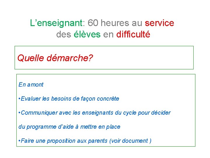 L’enseignant: 60 heures au service des élèves en difficulté Quelle démarche? En amont •