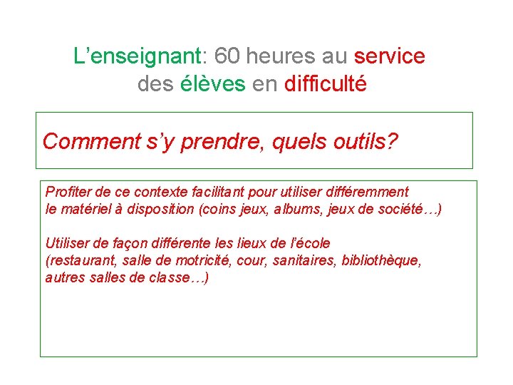 L’enseignant: 60 heures au service des élèves en difficulté Comment s’y prendre, quels outils?