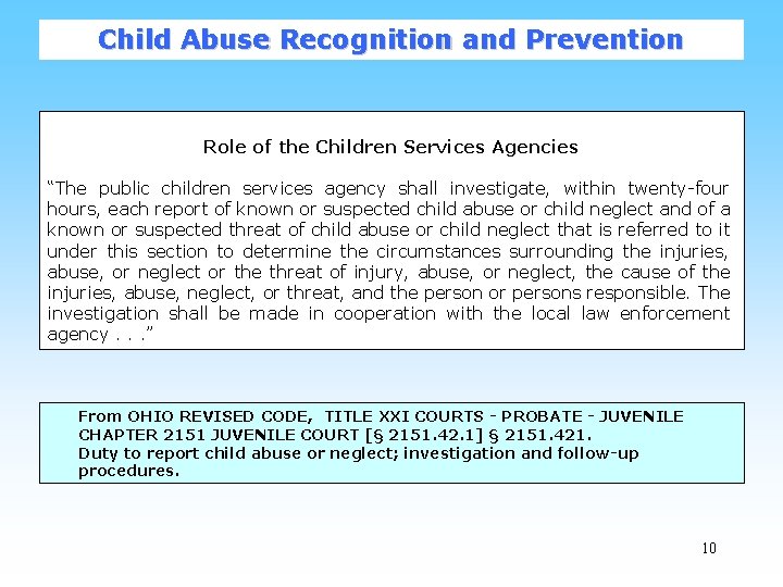 Child Abuse Recognition and Prevention Role of the Children Services Agencies “The public children