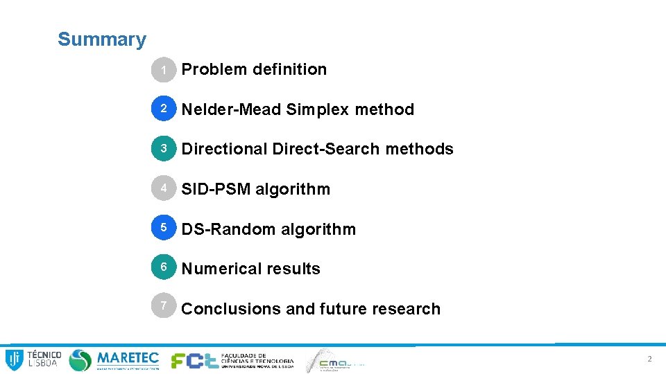 Summary 1 Problem definition 2 Nelder-Mead Simplex method 3 Directional Direct-Search methods 4 SID-PSM