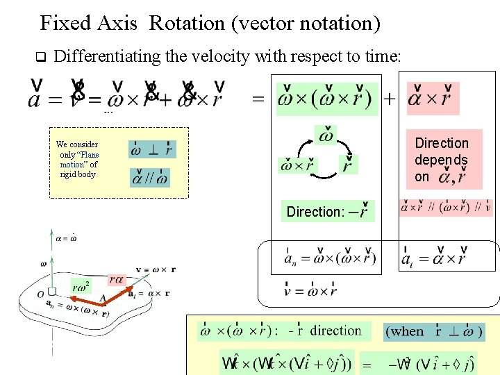 Fixed Axis Rotation (vector notation) q Differentiating the velocity with respect to time: Direction