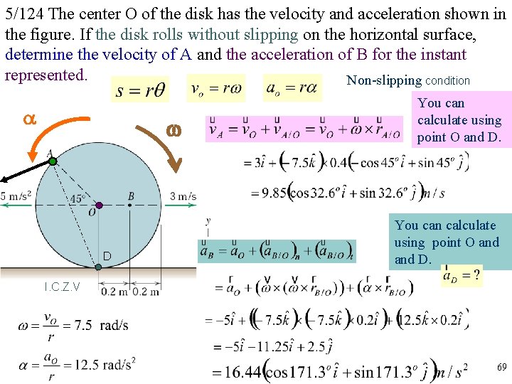 5/124 The center O of the disk has the velocity and acceleration shown in