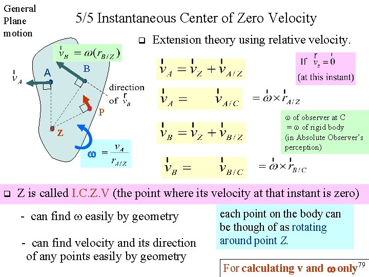 General Plane motion 5/5 Instantaneous Center of Zero Velocity q Extension theory using relative