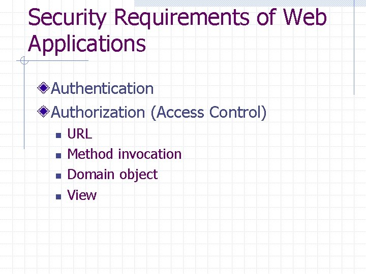 Security Requirements of Web Applications Authentication Authorization (Access Control) n n URL Method invocation