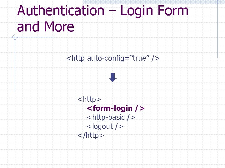 Authentication – Login Form and More <http auto-config=“true” /> <http> <form-login /> <http-basic />
