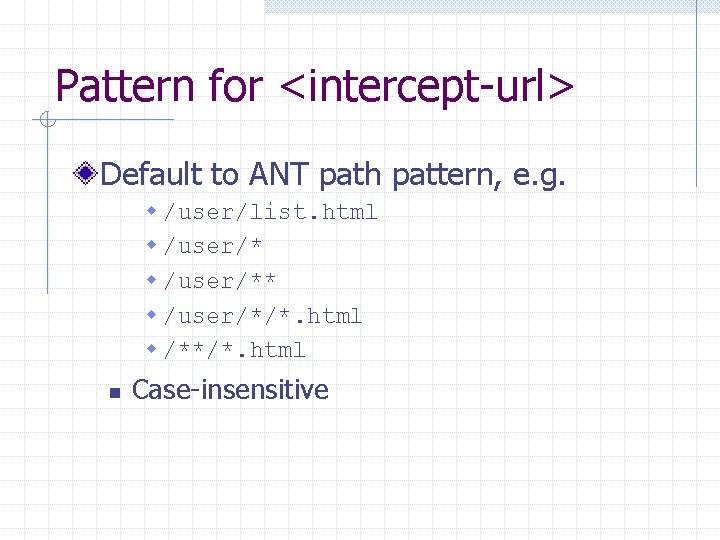 Pattern for <intercept-url> Default to ANT path pattern, e. g. w /user/list. html w