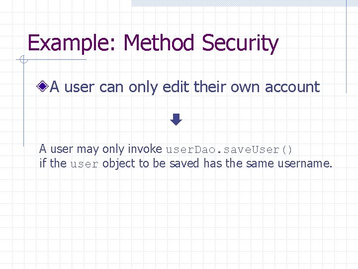 Example: Method Security A user can only edit their own account A user may