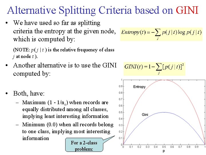 Alternative Splitting Criteria based on GINI • We have used so far as splitting