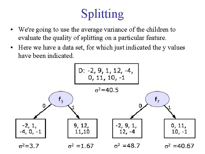 Splitting • We're going to use the average variance of the children to evaluate