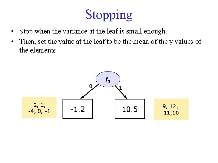 Stopping • Stop when the variance at the leaf is small enough. • Then,