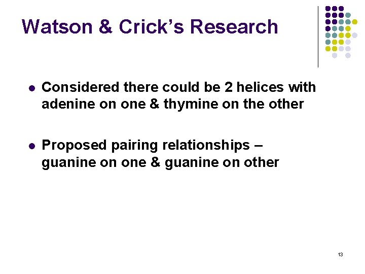 Watson & Crick’s Research l Considered there could be 2 helices with adenine on