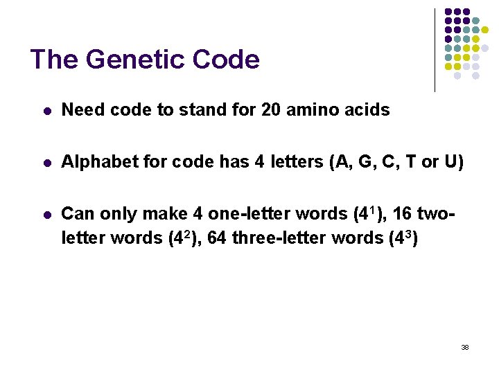 The Genetic Code l Need code to stand for 20 amino acids l Alphabet