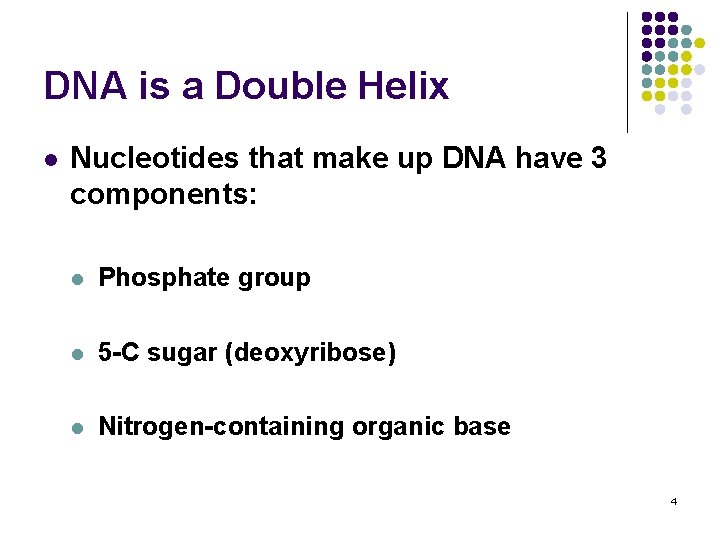 DNA is a Double Helix l Nucleotides that make up DNA have 3 components: