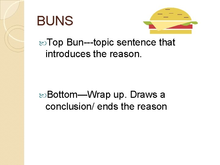 BUNS Top Bun---topic sentence that introduces the reason. Bottom—Wrap up. Draws a conclusion/ ends