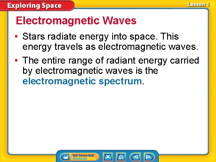 Electromagnetic Waves • Stars radiate energy into space. This energy travels as electromagnetic waves.