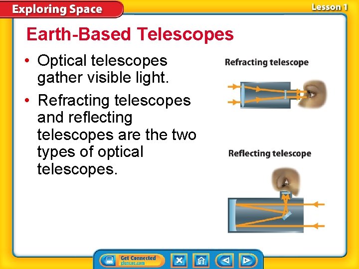 Earth-Based Telescopes • Optical telescopes gather visible light. • Refracting telescopes and reflecting telescopes