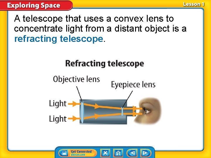 A telescope that uses a convex lens to concentrate light from a distant object