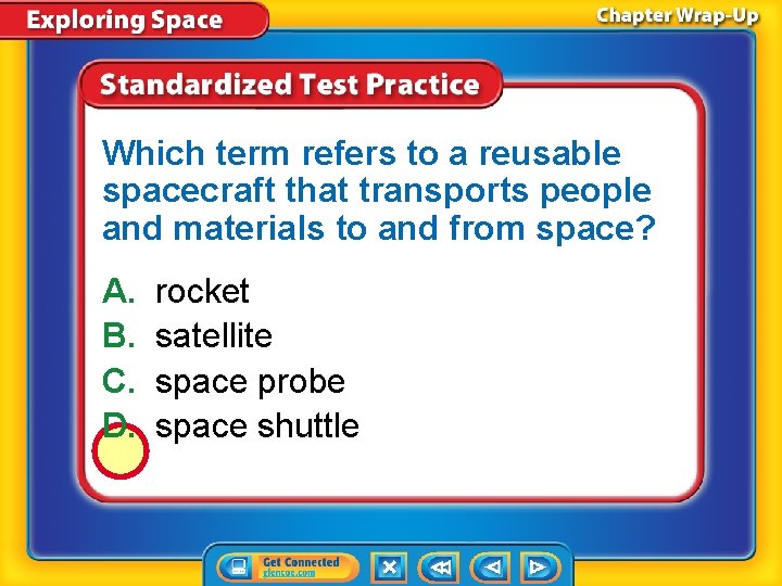 Which term refers to a reusable spacecraft that transports people and materials to and