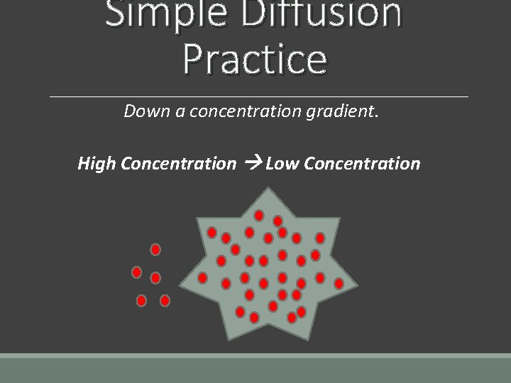 Simple Diffusion Practice Down a concentration gradient. High Concentration Low Concentration Simple Diffusion Practice Down a concentration gradient. High Concentration Low Concentration