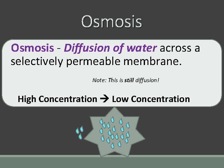 Osmosis - Diffusion of water across a selectively permeable membrane. Note: This is still