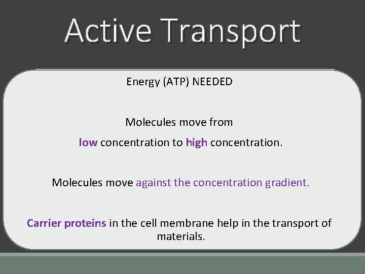 Active Transport Energy (ATP) NEEDED Molecules move from low concentration to high concentration. Molecules Active Transport Energy (ATP) NEEDED Molecules move from low concentration to high concentration. Molecules