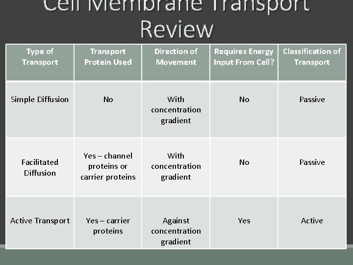 Cell Membrane Transport Review Type of Transport Protein Used Direction of Movement Requires Energy