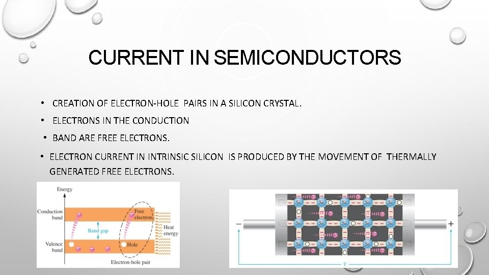 CURRENT IN SEMICONDUCTORS • CREATION OF ELECTRON-HOLE PAIRS IN A SILICON CRYSTAL. • ELECTRONS