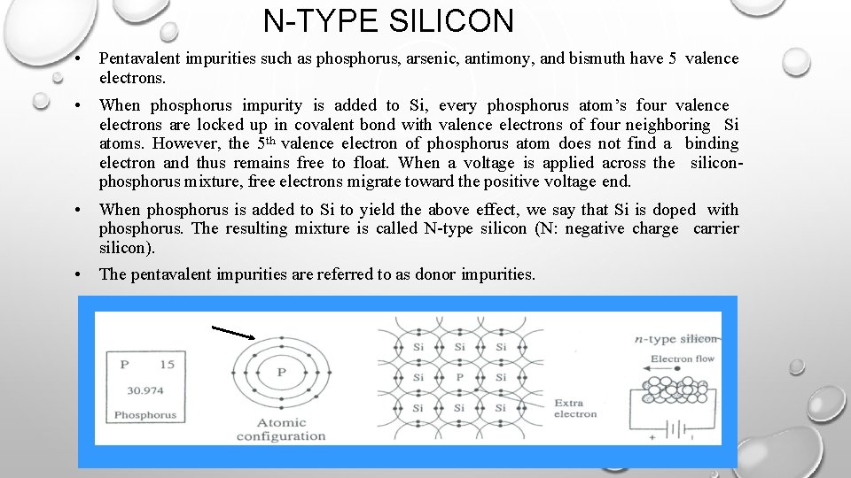 N-TYPE SILICON • Pentavalent impurities such as phosphorus, arsenic, antimony, and bismuth have 5